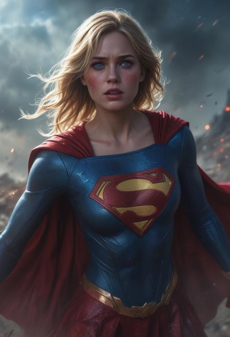 High resolution ultra-realistic of Beautiful Supergirl fighting against alien invasion, cinematic style, standing on a bloody and stormy battlefield in a fighting pose, bloody massacre, realistic blue combat costume, red mini skirt, red cape, perfect athletic figure, wavy blonde hair, handsome dirty bloody face, beautiful perfect detailed pupils, wet oily shiny skin, covered in dirty and blood, beautiful firm Breasts, defiant and seductive, attractive 21 year old girl, 8k resolution concept art portrait by Greg Rutkowski, Dark Gotham City, Artgerm, WLOP, Alphonse Mucha, dynamic lighting, hyperdetailed, intricately detailed, Splash art trending on Artstation triadic colors, Unreal Engine, 5 volumetric lighting, Cinematic Lighting, intricate, smooth, sharp focus digital painting, Asymmetrical Balance, realistic blue eyes, ultra detailed atmospheric details, sparkle effects, realistic body proportions, beautiful body Supergirl proportions, complex masterpiece, dramatic atmosphere