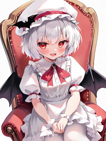 1girl, solo, remilia scarlet, hat, ascot, wings, red eyes, smile, sitting, puffy sleeves, short sleeves, mob cap, open mouth, wrist cuffs, looking at viewer, bat wings, crossed legs, puffy short sleeves, short hair, white headwear, hair between eyes, bangs, fang, red ascot, jewelry, dress, :d, red ribbon, pantyhose, ribbon, frills, blush, hat ribbon, chair, feet out of frame, white dress, brooch, white pantyhose, hand up, eyes visible through hair, hand on own face, white hair, armchair, collared dress, shirt, pink headwear