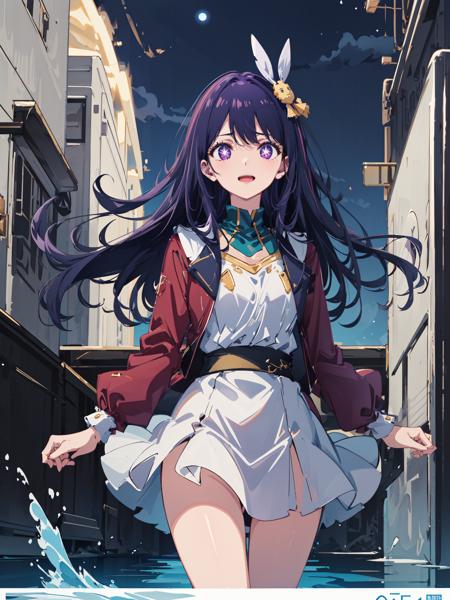 anime film, animated film poster, animated movie poster,
sunshinne on face, shiny face,
1girl, landscape, panorama, overlook,(high contrast:0.8),(distant view),blurry foreground,wind, cowboy shot, 
Hoshino Ai, long hair, purple hair, streaked hair ,purple eyes, star-shaped pupils, hair ornament, laughing, open mouth,backless outfit,
facing viewer, standing split,
Carnival, partially underwater shot, full moon, clematis, savannah,
masterpiece,highres,extremely detailed CG unity 8k wallpaper, best quality, ultra-detailed,
 <lora:animeScreenshotLikeStyleMixLora_v10:1:BACKGROUND>  <lora:HoshinoAi_v8.3-000014:1:CHARACTER>