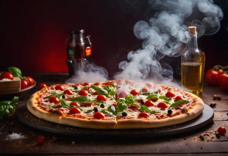 RAW photo, Pizza HUT, pizza focus, cold winter night, food photo, DSLR, soft lighting, high quality, film grain, Fujifilm XT, ad photography, promotional photograph, cinematic lighting, minimal professional photography, soft lighting, fog and smoke around, spot light, studio lighting style, bright lighting, vibrant colors, 4k