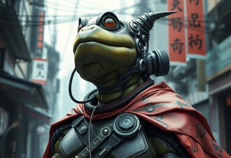Create a highly detailed, 8K Gothic punk anthropomorphic turtle warrior hero concept art with bionic cyborg implants, superhero cape, and sharp focus on Crashbug Road. Incorporate Japanese details, biomutant elements, and a modern anime style reminiscent of Masayoshi Suto, Artgerm, Eiichiro Oda, and Koyoharu Gotouge. Ensure a biopunk and cyberpunk aesthetic blend, suitable for a product showcase or SD video, with intricate, lifelike details, and a Vogue-inspired, high-fashion flair.