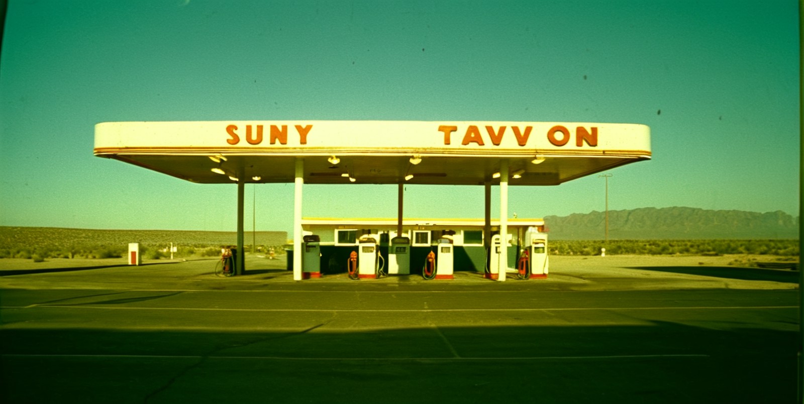 cinematic, 1980, classic, sunny, gas station, lights, happy, film grain, abandoned taven, Æ/22, Short telephoto focal len...