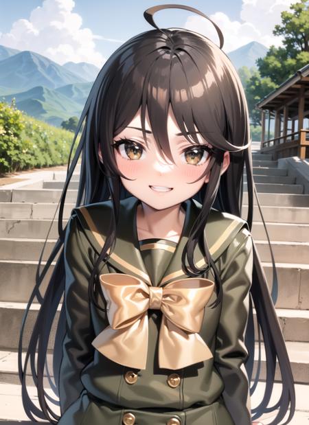 <lyco:shana1-000008:1.0>, shanaschblack, upper body, smile, blush, outdoors, day, simple background, blue sky, sky, temple, looking at viewer, stairs, mountain, moody lighting, facing viewer,