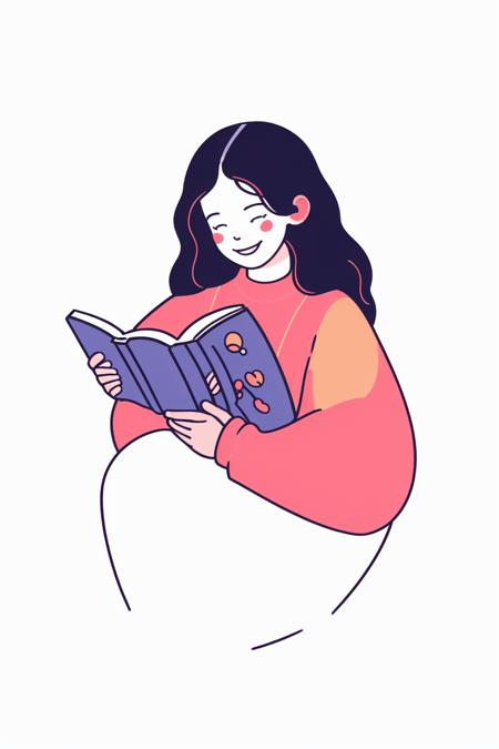 sdmai,Flat illustration, 1girl, solo, reading, book, open book, black hair, long hair, smile, holding, long sleeves, flat color, holding book, outline, shirt, simple background, limited palette, sweater, upper body, white background
 <lora:æç®ä¸»ä¹æå¹³æç»:1>