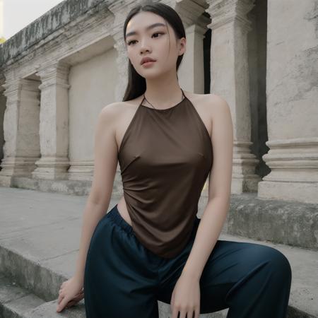 (((solo))) (ultra photorealistic) high quality RAW color professional (half body portrait) photo of a Vietnamese girl 18 years old, ((hyperrealistic aoyem<lora:AoYem_V4_Locon:1>)), wearing yellow aoyem clothes, wearing (long pants), (stand on the ancient city), (hyperrealistic the ancient city background), ((detailed full lips)), ((hyperrealist high detailed hair)), (looking at viewer:1.331), ((visible pores:0.3)), ((high detailed skin:0.9)), (Pale skin oily wet moist shiny sweat:0.8), (uneven skintone veins pale complexion:0.9), intense, modelshoot style, artesian, DSLR, DLSR, art photographer, photographed on a FUJIFILM GFX 100S Camera, Fujifilm GF 63mm lens, F/6 aperture, tele angle, RAW photo ((ultra-detailed)), highly detailed (analog photography), (film grain:0.5), sharp outline, (((sharp focus on face))), (depth of field), POV, 8K, UHD, key light, backlit, diffused soft light, soft lighting, lens flare, natural warm lighting, light from above, (strong front main lighting), crystal clear, high res, photorealistic, depth layering, physically-based rendering, (Ultra detailed)