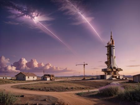 (rocket taking off:1.2), A landscape with a pointed house, purple sky, a construction crane
 <lora:xl_real_beta1:0.9>