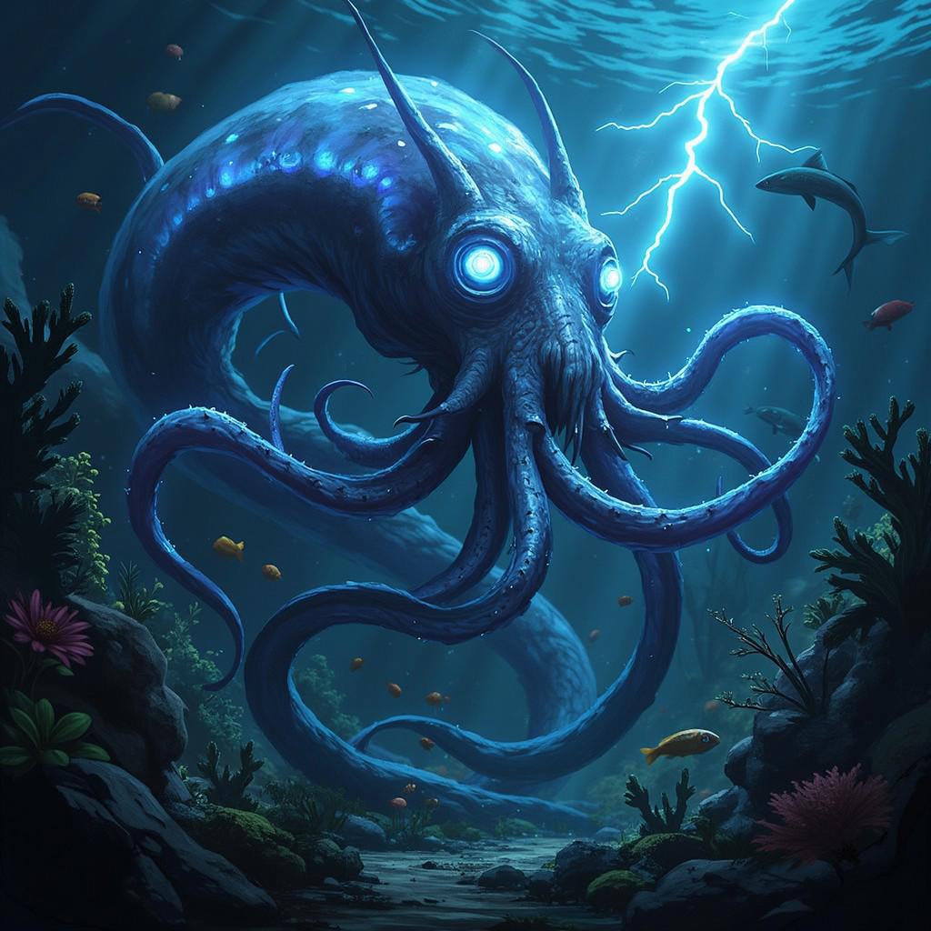 a huge squid jellyfish, translucent with stinging tentacles covered in sparkling lightning swimming in the dark underwater, underwater soot, algae coral and kelp plants under the sea, the giant monstrous squid kraken is covered in glowing alien eyes, snail eyestalks, fishes and sharks swimming nearby