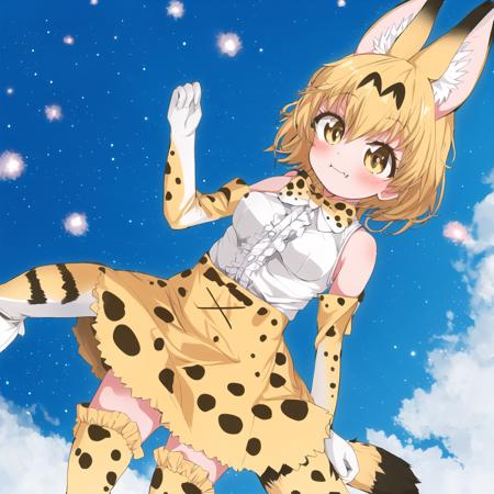 serval (kemono friends), 1girl, cat girl, serval ears, serval print, white sleeveless shirt, frills, yellow bowtie, blonde hair, white boots, short hair, bare shoulders