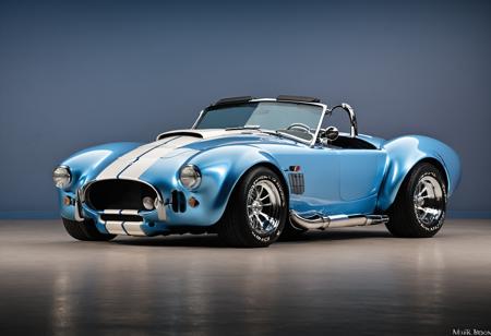 cinematic photo a blue and white car, cobra, blue chrome top hippo body, sportscar, wrapped blue background, roadster, beautiful perfectly detailed, classic car, fine fiberglass, brushed white and blue paint, full view of a sport car, restomod, blue and red two - tone, complete detailed body, detailedâ, detailed â, classic cars, mark brooks detailed,, <lora:Art Brenner CLIP:1>,Art Brenner, . 35mm photograph, film, bokeh, professional, 4k, highly detailed