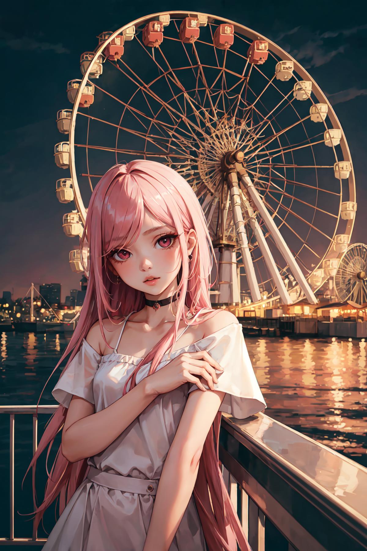 Pink-haired girl posing on a ferris wheel at night.