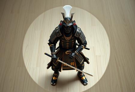 An oval portrait, cinematic photorealistic rendering via Octane Render and Unreal Engine 5: A cyborg samurai warrior, poised in a ready stance on a light-colored wooden floor. Full-body traditional black and gold accent armor covers the figure, a stark contrast. The black kabuto helmet features a distinctive white plume. A sword gleams subtly in the right hand, the left rests on a spear. Intense, captivating lighting creates sharp lines and shadows, highlighting the metallic and fabric textures. Focus is intentional on the samurai, framed perfectly within the oval. High-res, 4K, Exceptional Quality, More Detail, Lifelike Details, Super Detailed Face and Eyes and Clothes, Handcrafted with Precision, High Quality, Stunning Colors, Harmonious Colors, Multi Colored, Contemporary Aesthetics, Beautiful Matte Painting, Impeccable Composition, Creative Angle, Attractive Background, Balanced Editing, Well-timed Moment, Isometric view, Dynamic Action Pose, Vivid Emotions, Beautiful Detailed Eyes, CGSociety, Artstation Trending on ArtstationHQ, Golden Ratio. very detailed.