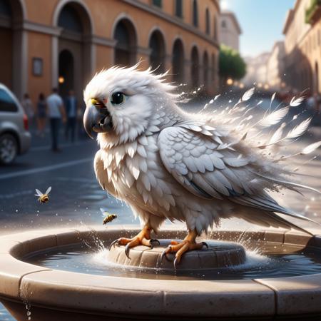 Cute white parakeet with ruffled feathers sitting in a nonfunctional fountain, 
sunlight creating a play of light and shadow around wet surfaces and puddles, 
bee captured with motion blur, 
background showcasing the city of Rome, 
broad daylight enhancing the urban textures, 
digital painting, 
dramatic lighting, 
ultra-realistic., 
Miki Asai Macro photography, 
close-up, 
hyper detailed, 
trending on artstation, 
sharp focus, 
studio photo, 
intricate details, 
highly detailed, 
by greg rutkowski