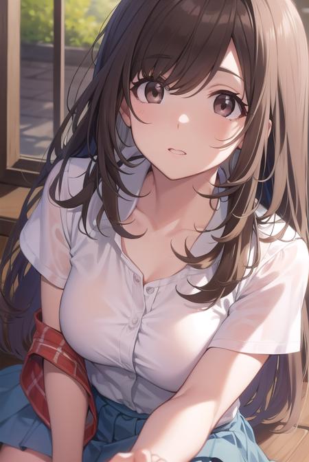 kogane tsukioka, (brown eyes:1.5), brown hair, hair tie, ponytail, bare legs, blue skirt, collarbone, collared shirt, miniskirt, shirt, short sleeves, skirt, tented shirt, tied shirt, tight clothes, tight shirt, white shirt, wing collar,