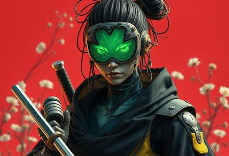 Create an extrahart, brave perspective, mystical, and high-resolution image of an female humanoid robot Samurai wearing a headgear with intricate mechanical translucent jade screen covering the eyes, Made from Sci-fi components, with outworn translucent black linen cape. The character should be depicted in a manga cover style with wealthy portraiture and poster art elements. The image should feature rich colors and high contrast, focusing on the best quality, official art, and a beautiful and aesthetic appearance. wired-cyborg, upper body shot, a man with hairbun, half the face is made of wires and cables and translucent hoses. Use a movie perspective and an advertising style, similar to a magazine cover. The cyborg samurai should be shown solo, wearing flamboyant clothes and armor, holding a sheathed katana, and standing in a cowboy shot pose. The robot should have neon green and yellow hip-hop clothes, tattoos, muscular abs, shoulder armor, and dry flowers in the background. Emphasize a samurai theme with a red background and floral elements.