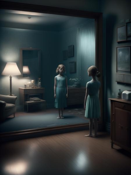 <lora:GregoryCrewdson:1>a photo by Gregory Crewdson of a girl standing in front of a tall mirror staring at her reflection in a 1960s living room at night. Over the shoulder angle. Photorealistic. Cinematography.