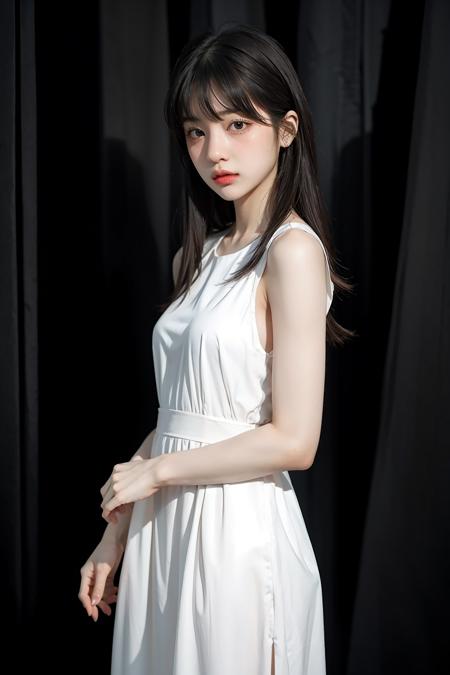 1girl,hair with bangs,white long dress, ,black background, <lora:bllncp-02:1>