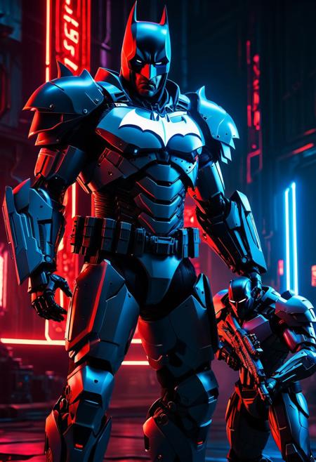 Cyberpunk illustration. Wide-angle shot.  Batman in armor holds a shield, an evil robot with red eyes and laser gun stands beside him. Cinematic film still. Neon blue glow on metal. Laser gun's red light illuminates Caesar's armor. High-contrast lighting with deep shadows. Vivid colors, detailed textures. 8k resolution, a masterpiece. Keyframe animation style, intricate mechanical details, sci-fi elements, advanced robotics, dystopian atmosphere, intense action scene.