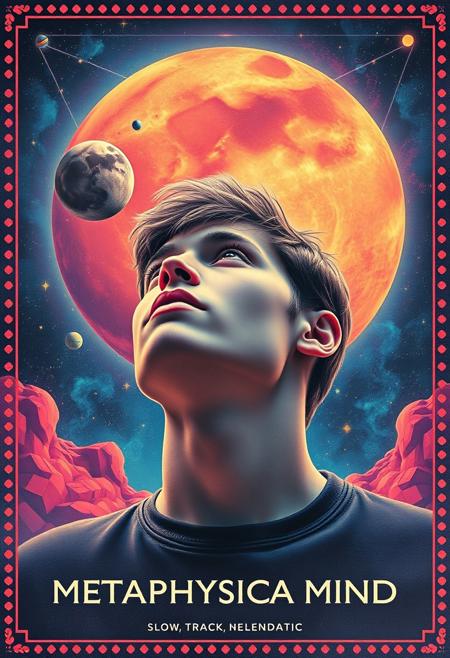 high quality design aesthetics, Seventies Psychedelic 70's space album cover, dynamic, colourful, slow track, melancholic, young white man, artist name "MUSAIC",  melancholic, album title "Metaphysical Mind"