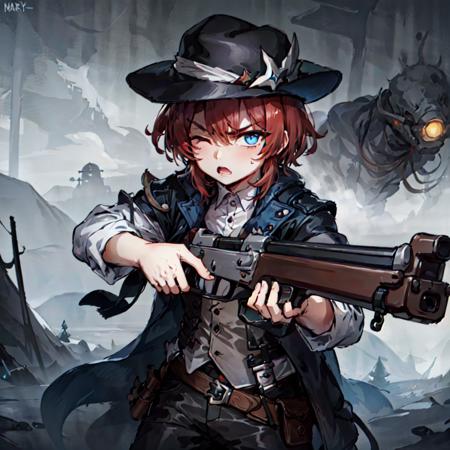 Masterpiece, high quality, (leveraction:1.2), antique firearm, 1boy, red hair, blue eyes, glowing eyes, cloak, aiming at viewer, one eye closed, detailed face, bangs, dust, smoke, fog, holding weapon, trigger discipline, dark, annoyed, angry, tall, lean <lora:leveractionrifle-AOM2:0.8>