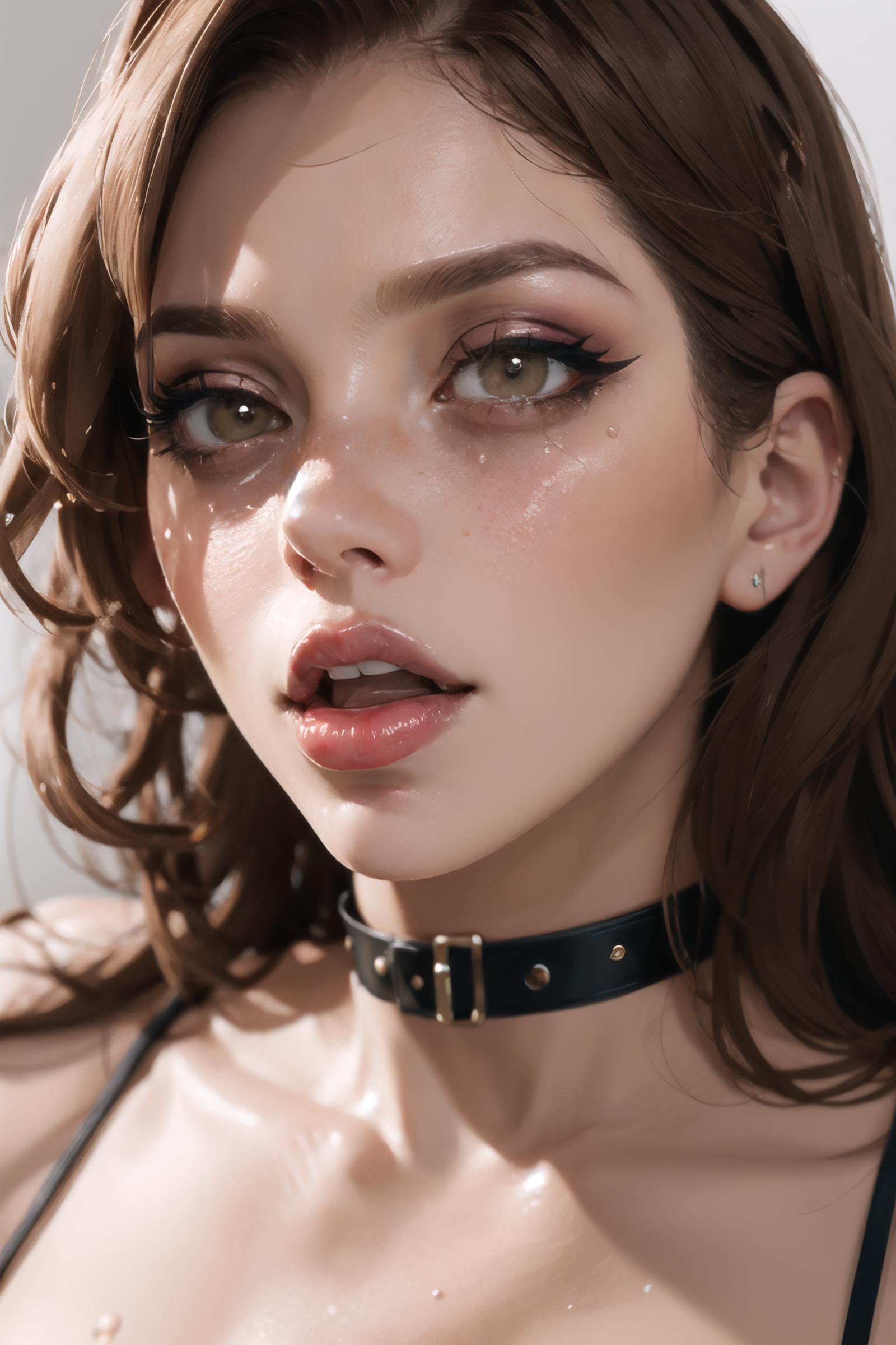 A brown-haired woman with a black choker necklace and pink lips.