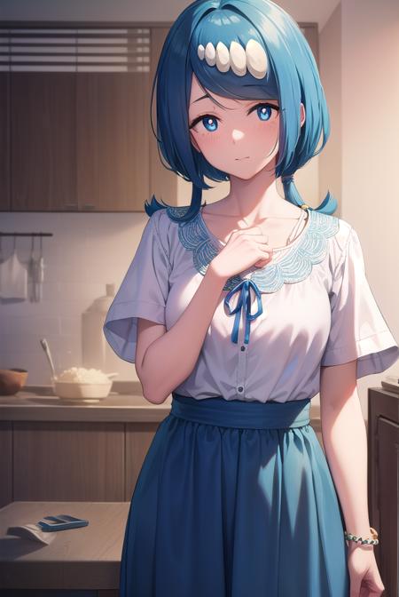 pokemonmotherlana, <lyco:pokemonmotherlana-lyco-nochekaiser:1>,
pokemonmotherlana, blue eyes, blue hair, freckles, hair ornament, long hair, swept bangs, (bright pupils:1.5),
BREAK blouse, blue skirt, bracelet, collarbone, dress, jewelry, long skirt, shirt, short sleeves, skirt, white shirt,
BREAK looking at viewer, full body, (cowboy shot:1.5),
BREAK indoors,
BREAK <lyco:GoodHands-beta2:1>, (masterpiece:1.2), best quality, high resolution, unity 8k wallpaper, (illustration:0.8), (beautiful detailed eyes:1.6), extremely detailed face, perfect lighting, extremely detailed CG, (perfect hands, perfect anatomy),