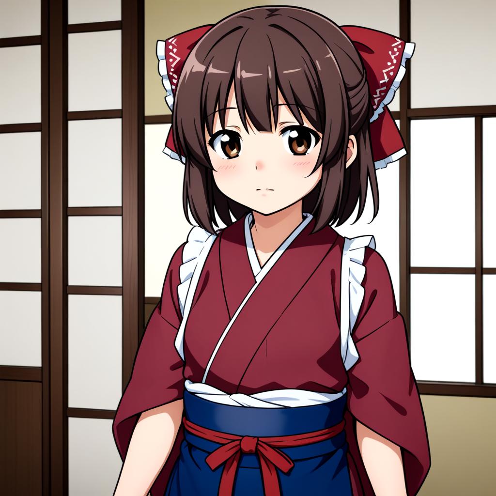 <lora:okamisty_SDXL_v2:0.5>, woman, solo, sash code, tasuki, white_tasuki, maroon_kimono, indigo blue_apron, indoors, aged_up, anime_coloring, (hakurei reimu:1.2), ribbon, brown hair