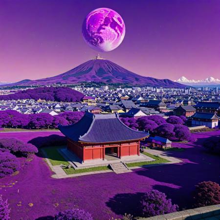 (stylized by Kunio Okawara:1.0) and (Takashi Murakami:1.0) and (Tsubasa Nakai:0.8) and (KÅji Morimoto:1.2) , anime key visual, (Acid colors theme:0.7) , landscape of a Foul Eclectic (Copenhagen:1.3) from inside of a Temple of Literature, dark violet mountains and Meteor in background, at Midday, Zen, monotype, soft light, telephoto lens, Hypersaturated, vintage, cozy,"I'm on top of the world, hey.", masterpiece, photolab