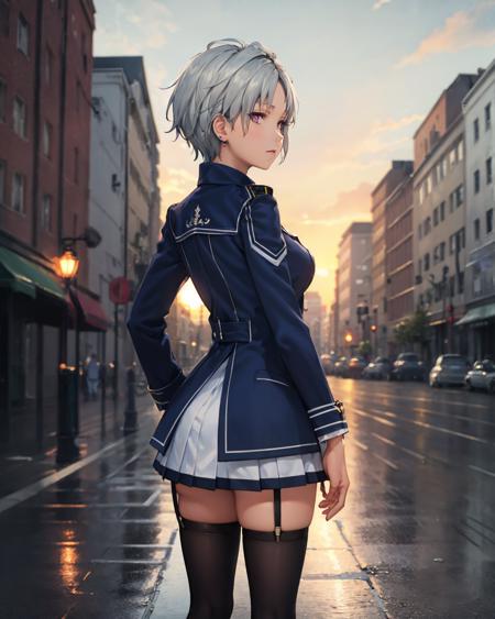 best quality, (masterpiece:1.2), illustration, absurdres,
(1girl, solo), (beautiful detailed girl),
<lora:Valerie-08:0.8>, Valerie, grey hair, purple eyes, purple ear studs,
 blue military uniform, long sleeves, purple neckwear, black thighhighs, garter straps, boots, 
city marketplace, fountain, buildings, trees, day, sky, clouds, sun,,
hands on hips,
from behind,,
gloomy, looking at viewer