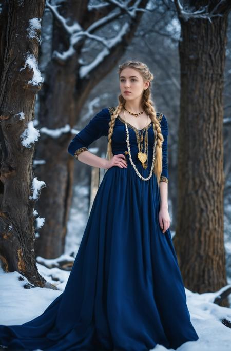 18 yo english girl,Focusing,breathtaking,nature,dgtlv2,8k,(wintertime:1.2),(snow:1.2),Huge oak(A forest of tall oak trees covered with snow:1.2),streams,(Frozen lake:1.4),fashion editorial,full body,looking at viewer,depth of field,(deep blue gold Viking dress:1.2),(Victorian age),<lora:add-detail-xl:0.7>,(Viking necklace:1.1),