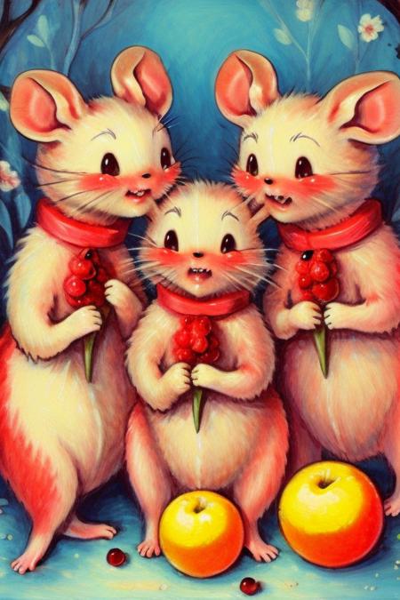 <lora:envybetterhandsLocon_alpha3:1>, <lora:BrandiMilne:.7>, brandimilne, painting of three little mice and fruit