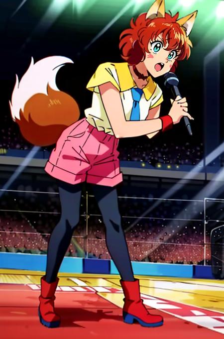 1girl, solo, KotoCzar, (fox ears, small tail, auburn hair, whisker markings), (pink shorts, choker, wristband, pink_shorts, black pantyhose, white shirt, yellow shirt collar, blue necktie), (full body, standing, microphone, announcer, arena, crowd, fighting ring), (masterpiece:1.2), hires, ultra-high resolution, 8K, high quality, (sharp focus:1.2), clean, crisp, cinematic, <lora:Koto-v1:0.7>