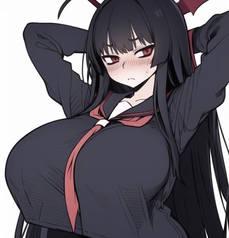 1girl, (gigantic breasts:1.3) , simple background, overhang , <lora:overhangA:1> , arms behind head,  ,  <lora:tsurugi1024doublestep:1> tsurugi (blue archive) , black serafuku , halo, impossible clothes, black hair , very long hair , expressionless,  <lora:houtengeki:0.7> blush,