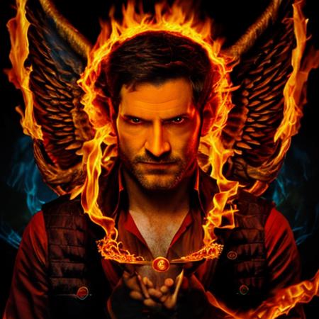 RAW photo, t0m3ll1s man, demon wings, portrait, fire , <lora:t0m3ll1s-000024:1>, 8k uhd, dslr, soft lighting, high quality, film grain, Fujifilm XT3, simple background