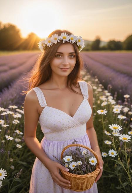 (masterpiece, best quality, ultra-detailed:1.3), RAW photo, 8K UHD,
1girl, gentle brown eyes, flower crown of daisies, sun-kissed cheeks, flowy summer dress,
[Lavender field at golden hour, buzzing bees], [holding basket of fresh blooms],
ethereal glow, lens flare, macro details
