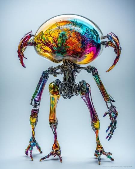 (focus on bioengineered creature, transparency:1.4, (detailed cybernetic implants fused with organic matter:0.5), full body, (with intensely vibrant swirling colors:1.9), realistic photo, <lora:add-detail-xl:1.0> ,  <lora:artialien:1> artialien