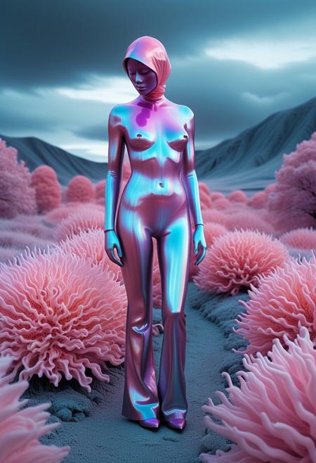 flu0rite, 
Surreal infrared iridiscent photography depicting a caricature figure in an otherworldly dreamlike iridiscent landscape with muted colors and fantastical elements conveying emotional depth and human vulnerability via soft lighting