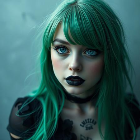 A 20-year-old woman with gothic makeup. Long silky neon green hair, big blue eyes with thin eyebrows, black lips, small upturned nose. She is the image of a seductive gothic succubus. She exudes a bewitching aura. Ultra-detailed facial details, innocent and playful, soft light glowing, soft incandescent. Staring into the distance. Grey and blue tones, misty atmosphere. Sexy and seductive playful, sexy emo outfit, revealing breasts and some neck and chest tattoos. Her detailed face surrounded by disheveled hair radiates innocence and beauty. Cinematic composition, contrast of light and shadow, adorable bold and detailed face, realistic and fantastical woman, ((full body shot of an attractive woman, view from above, large breasts, deep cleavage, sideboob, very sexy)), Detailed facial texture, ultra-detailed eye and hair details, 8K+ high resolution photos are all showcased.