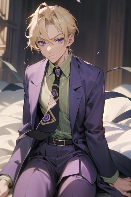 kirayoshikage, <lora:kirayoshikagetest:1>, kira yoshikage, 1boy, blonde hair, short hair, mature male, cheekbones, purple eyes,
BREAK belt, formal, necktie, shoes, suit,,
BREAK looking at viewer,
BREAK outdoors, park,
BREAK <lora:GoodHands-vanilla:1>, (masterpiece:1.2), best quality, high resolution, unity 8k wallpaper, (illustration:0.8), (beautiful detailed eyes:1.6), extremely detailed face, perfect lighting, extremely detailed CG, (perfect hands, perfect anatomy),