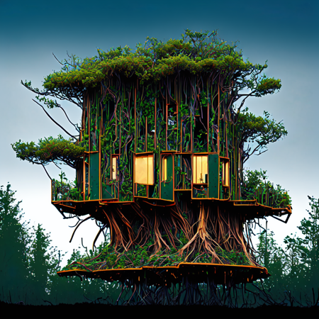 a tree house with lots of plants growing on top of it