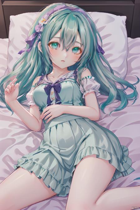 1girl,  solo,  long hair,  pillow,  skirt,  looking at viewer,  twintails,  aqua hair,  flower,  sitting on bed,  aqua eyes,  medium breasts,  headband,<lora:EMS-252609-EMS:0.700000>