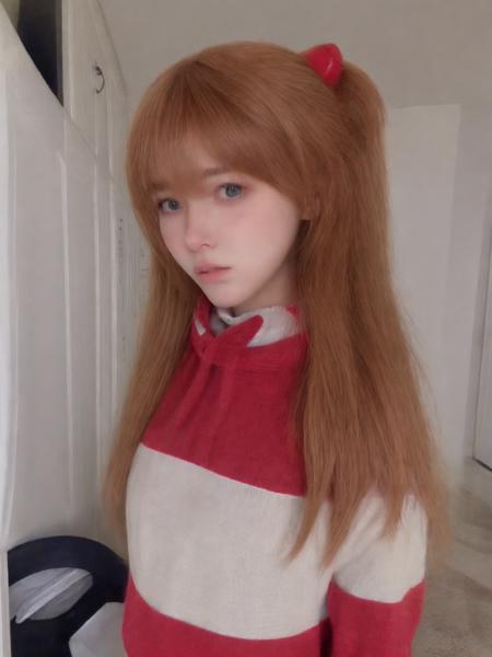 dirya, aska, 1girl, long red hair, beautiful, young, (pullover:1.3), chocker, <lora:dirya:0.8>