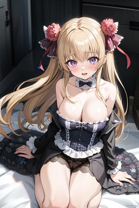 (4k,  best quality, highres:1.2), (masterpiece:1.37),   1girl, (solo:1.5),   large breasts, facial, absurdly long_hair,  detailed eyes , pink eyes, blue eyes, purple eyes, looking_at_viewer, blonde_hair,  brown_hair, pink_hair, two side up, 
hetero, pussy,  
(print kimono,  open clothes, white stocking, lace trim:0)