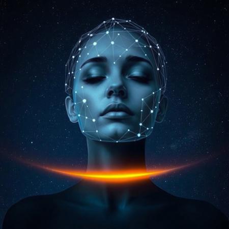 The image is a digital art piece that appears to be a portrait of a woman's chest and face. The background is a dark blue night sky with many small white stars and nebulae scattered throughout. The person's head is covered in a network of lines and dots, creating a futuristic and abstract design. The lines are arranged in a way that creates a sense of depth and dimension, while the dots are scattered throughout the image.
A bright orange and yellow gradient glow is visible at the bottom.