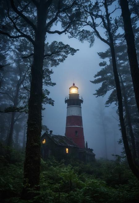 An old, 
partially broken lighthouse in a  night deep dark forest, 
its light shining through the treetops, 
fog around and a big old ship on the horizon