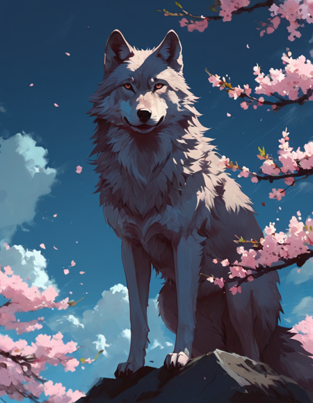 (Wolf, cherry blossom setting, pretty sky, dark), art by atey ghailan, painterly anime style at pixiv, art by kantoku, in art style of redjuice/necömi/rella/tiv pixiv collab, your name anime art style, masterpiece digital painting, exquisite lighting and composition, inspired by wlop art style, 8k, sharp, very detailed, high resolution, illustration