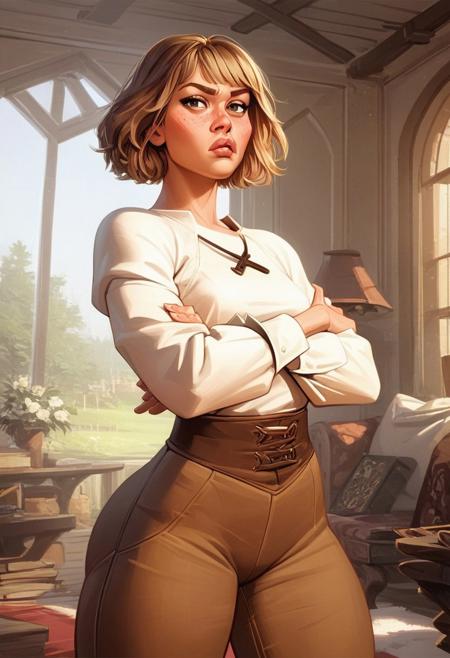 (Front angle:1.3), high detail, perfect face, very close-up, 1girl, standing, (arms crossed:1.3), Medieval Living Room background, (short hair:1.2), brown hair, (thick thighs:1.5), Jenna Lynn Meowri, (White Tunic, Brown Pants:1.4), grumpy expression, brown eyes, head tilted, plump lips, (small breasts, skinny:1.0), wide hips, bottom heavy, (up close shot of face:1.3), light skinned female
BREAK
score_9, score_8_up, score_7_up, score_6_up, source_cartoon, rating_explicit
