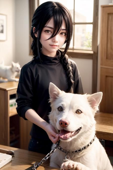 dog 1girl,black hair,yellow eyes,long hair,braided ponytail,hair between eyes, chain,grin,black shirt,ringed eyes, 