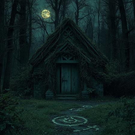 8k, source_photo, source_real, traditional media, real life photo, small abandoned chapel, covered in dead vines and overgrown with bushes, dark, moonlight, faint glowing mystical runes, forest clearing, dark and foreboding, dread and danger, medieval, dungeons and dragons, real photo