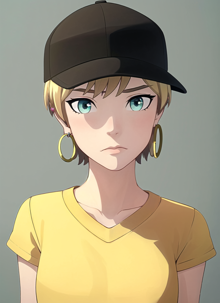 aaravos <lora:dragon_prince_aaravos_offset:1>, masterpiece, best quality, 1girl, aqua eyes, baseball cap, blonde hair, closed mouth, earrings, green background, hat, hoop earrings, jewelry, looking at viewer, shirt, short hair, simple background, solo, upper body, yellow shirt