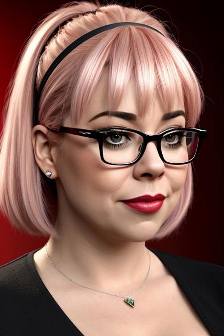 Kirsten Vangsness, chica Ferrari, pink glasses, Photorealistic, Hyperrealistic